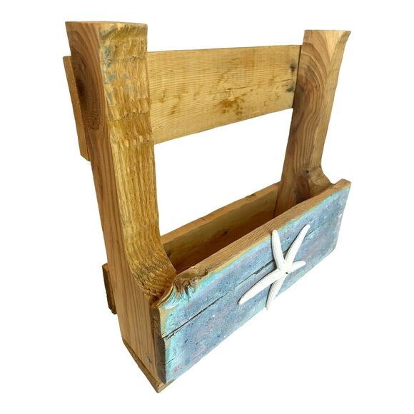 STARFISH Hand Painted Rustic BEACH Planter Box Reclaimed Wood Stand Shelf Bin - Picture 6 of 12